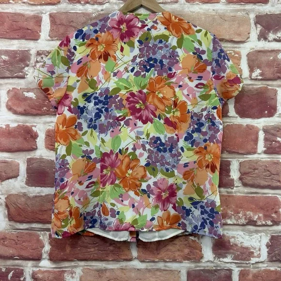 Coldwater Creek Blouse Women's Large Multicolor Floral Ruffle Button Front Shirt - Picture 4 of 9